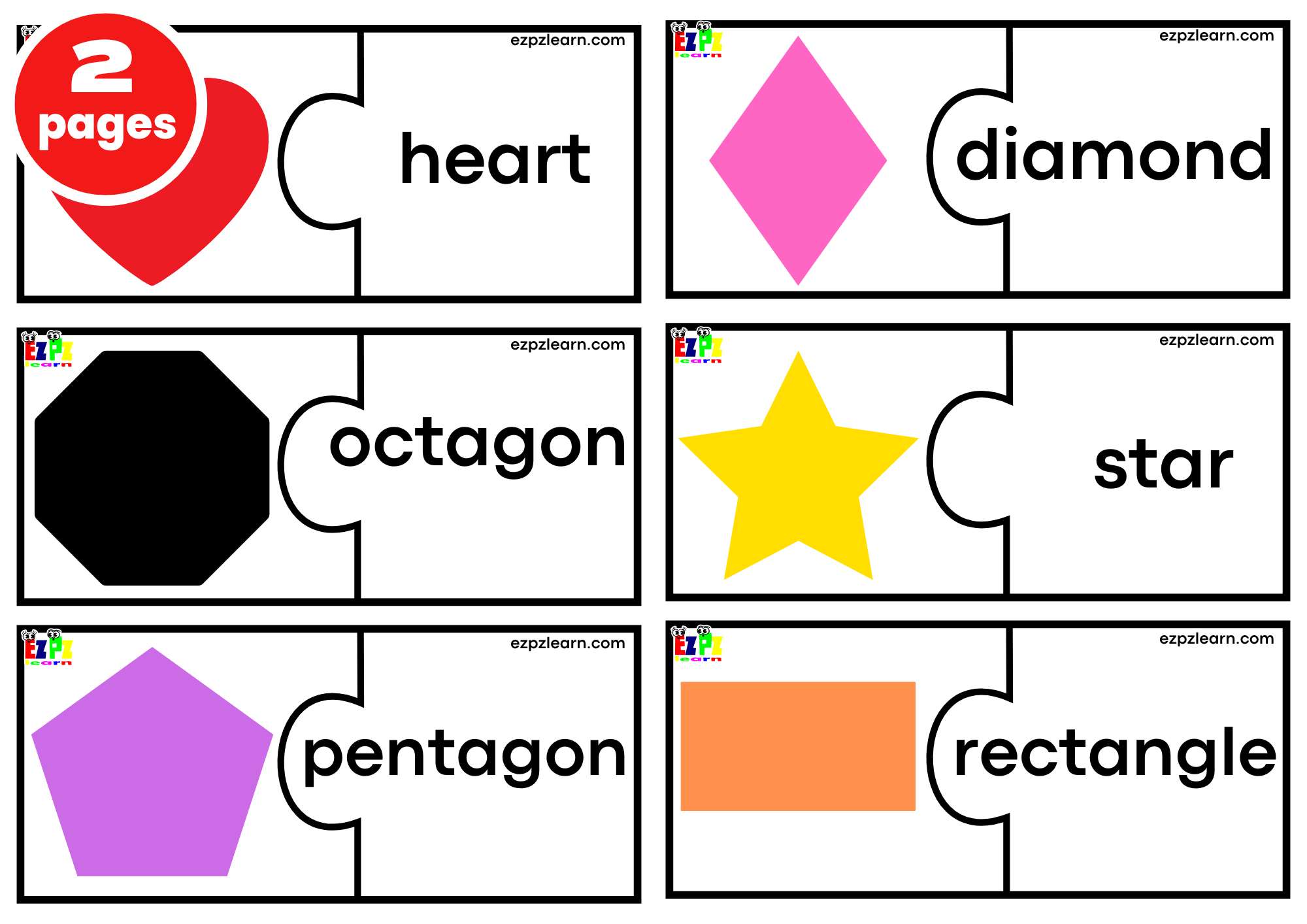 Shapes Puzzle Match Game. Large Size 6 Words per page. Free PDF Download